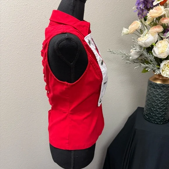 Red Lace-Up Back Military Vest Top w/ White Button Front Detail Large - Picture 4 of 9
